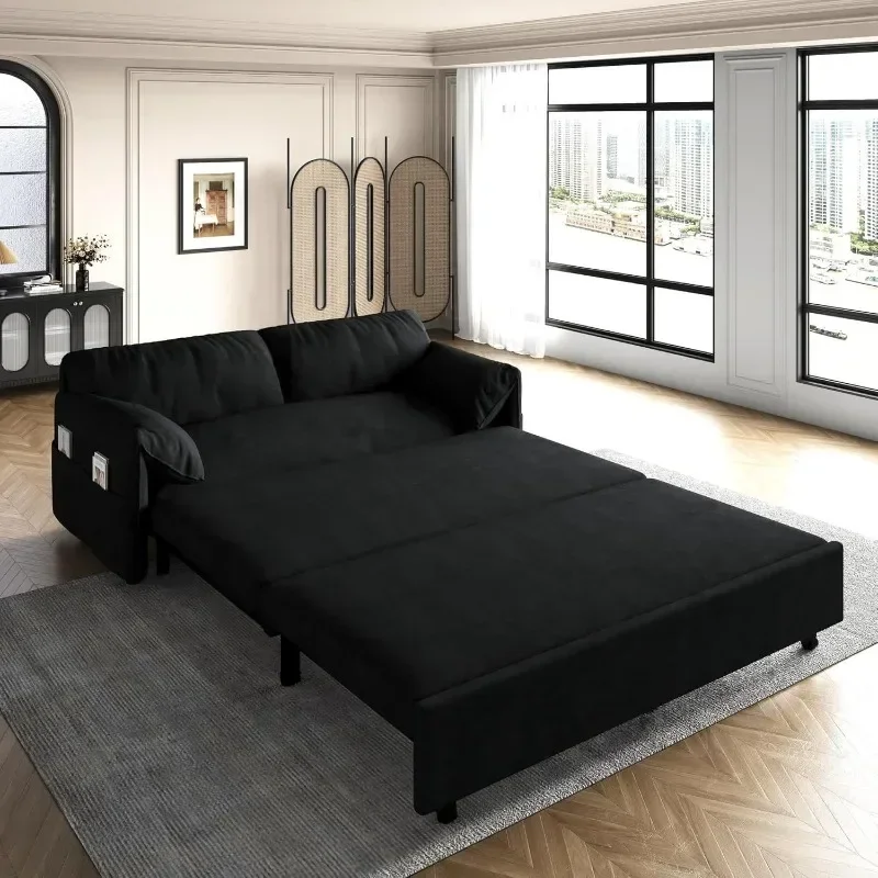 63.8" Futon Sofa Bed Queen Size, Pull Out Bed, 3-in-1 Convertible Sleeper Sofa with Side Pocket, Modern Velvet Futon Couch