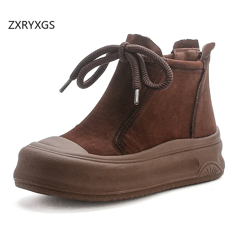 ZXRYXGS 2024 Cow Suede Women Real Leather Boots Autumn Winter Vulcanized Shoes Platform Increase Sneakers Snow Boots Roman Shoes