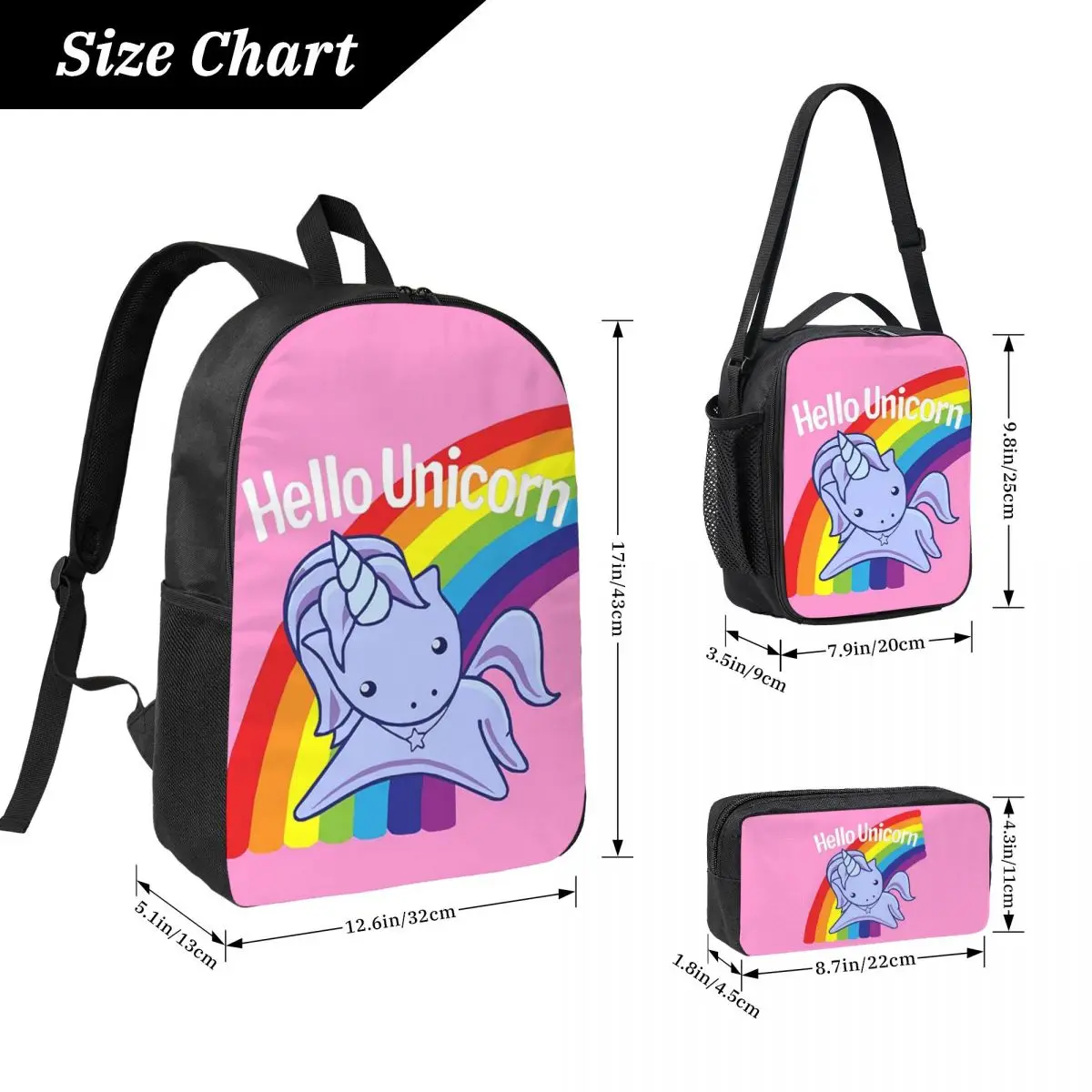 Hello Unicorn Backpack Student Boys Girls BookBag School Bag Computer Shoulder Bags 3ps Insulated Lunch Bag Pencil Case