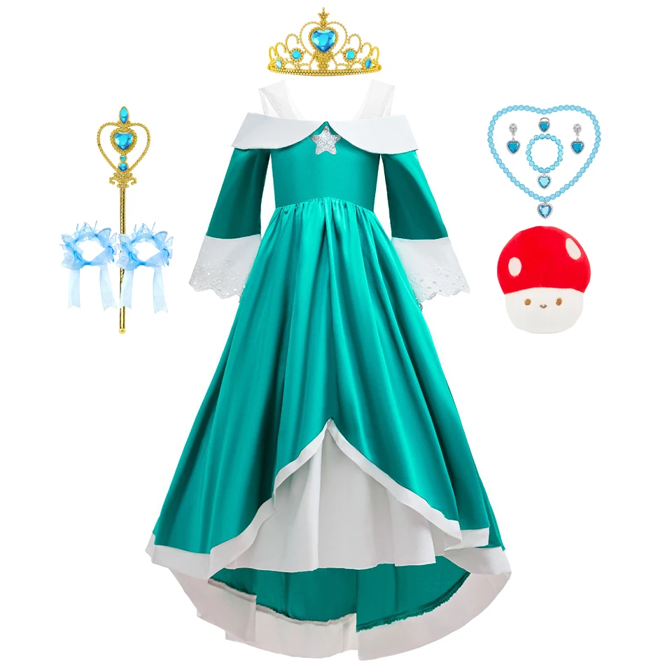 

Girls Rosalina Cosplay Costume Kids Elegant Teal Satin Princess Dress Set with Lace Cuffs for Halloween Birthday Party
