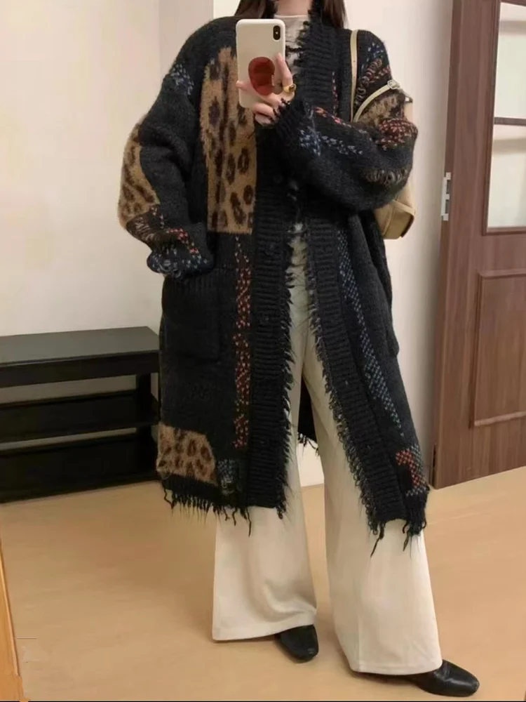 

Heavyweight Leopard Print Fringed Thiened Color Blo Sweater Autumn Winter New Loose Mid-Length Open Cardigan Women's Coat
