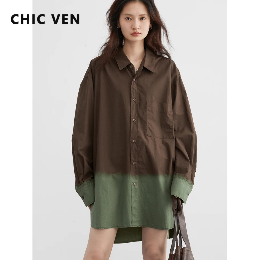 

CHIC VEN Women Shirt Vintage Hanging Dye Drop Shoulder Long Sleeves Gradient Mid Length Shirts Female Coat Spring Autumn 2023