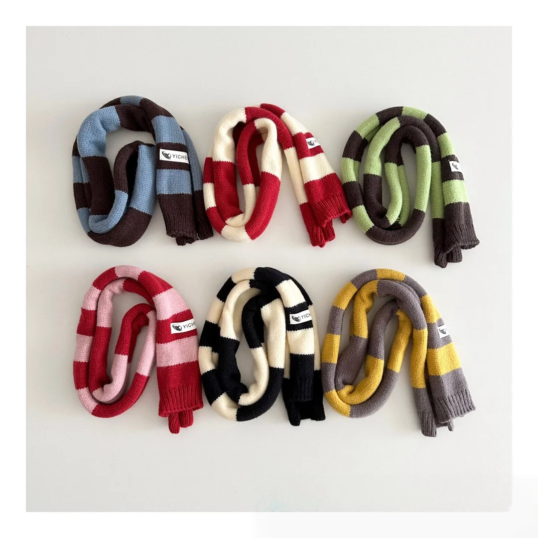 

Toddler Kids Color Block Stripe Knitted Scarf 0-6Y Children Accessory Cute Skinny Cuffed Warm Winter Scarves for Baby Boys Girls