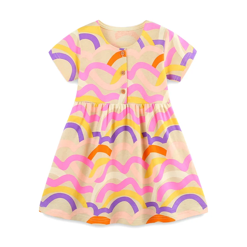 

Rainbow Printed 2-7T Buttons Summer Girls Dresses Short Sleeve Children's Clothes Birthday Party Baby Frocks Toddler Wear