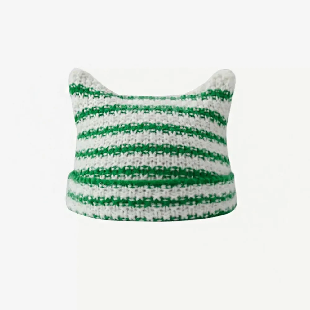 Cute Y2K Cat Ears Beanie Hats Warm Harajuku Little Devil Cap Cute Gothic Stripe Knitted Hat Girls