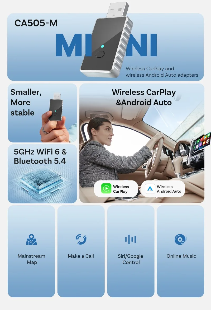 1PC CA505 Octa-Core Wired To Wireless CarPlay Wireless CarPlay Adapter USB Plug Adapter Type-A To C Capacitive Touch Screen