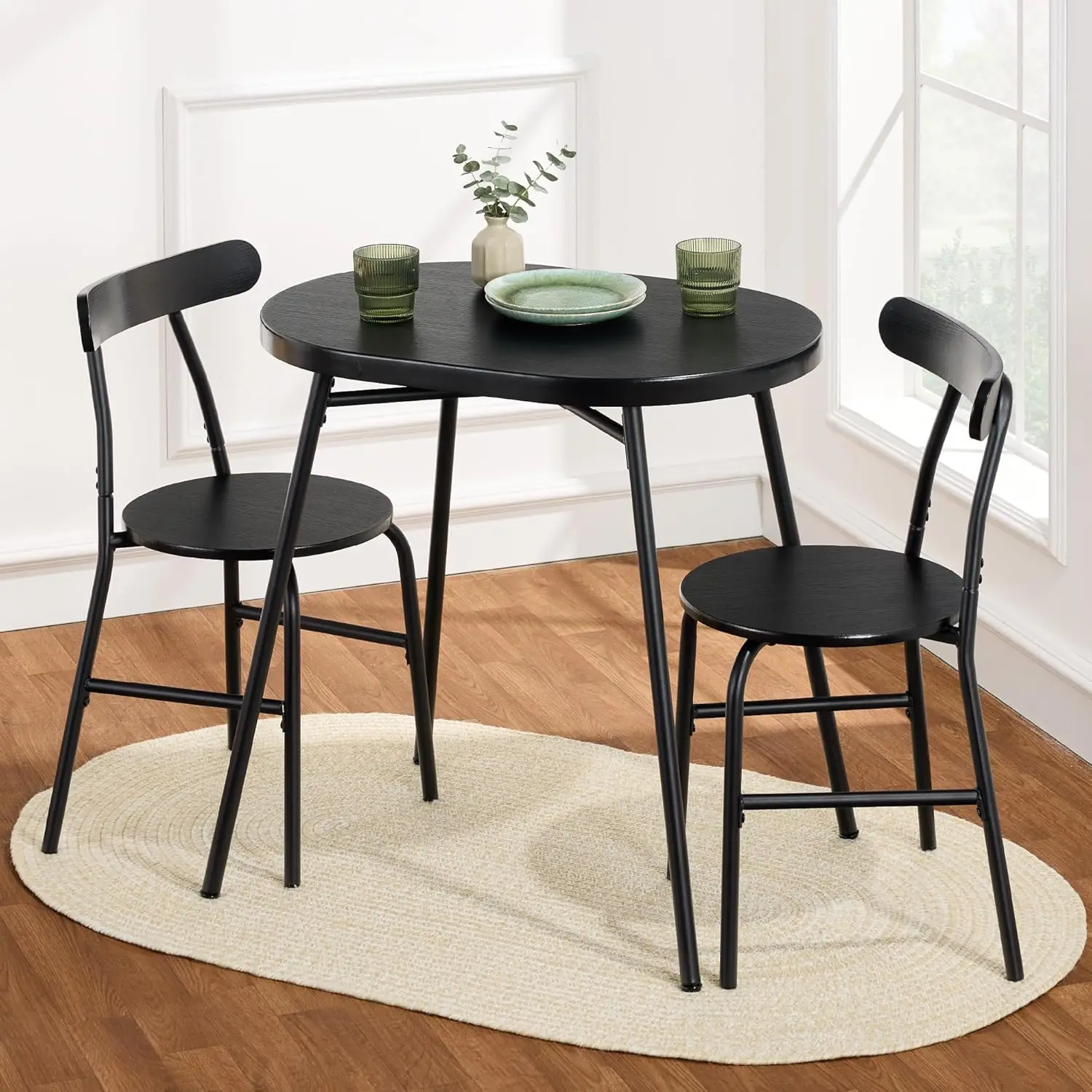 

3-Piece Modern Oval Dining Table Set, Small Kitchen Dinette W/ 2 Chairs, Metal Frame, Curved Backrests - Black/Black