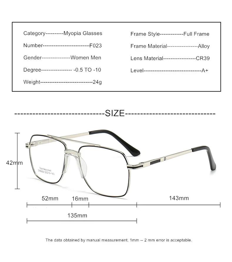Benutzerdefinierte Myopie-Brille mit Rezept -0,5 bis -10 Männer Frauen Hochwertige Twin-Beams-Legierungsrahmenbrille für Kurzsichtige F023 – Detail 10