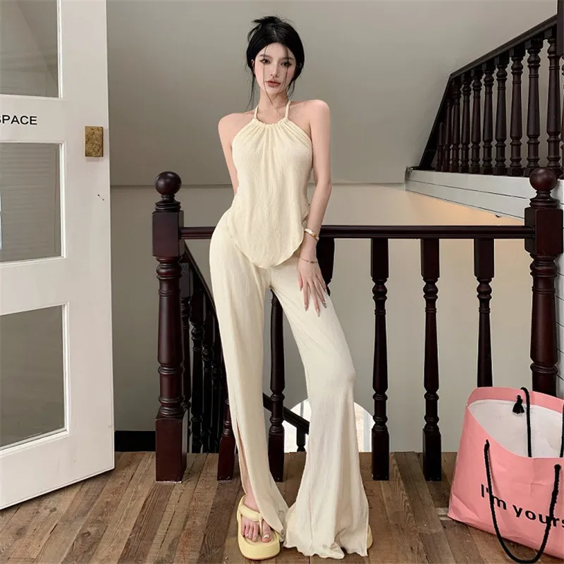 

Hot girls hanging neck open back suspender vest top women's summer suit high waist split straight tube casual pants two-piece