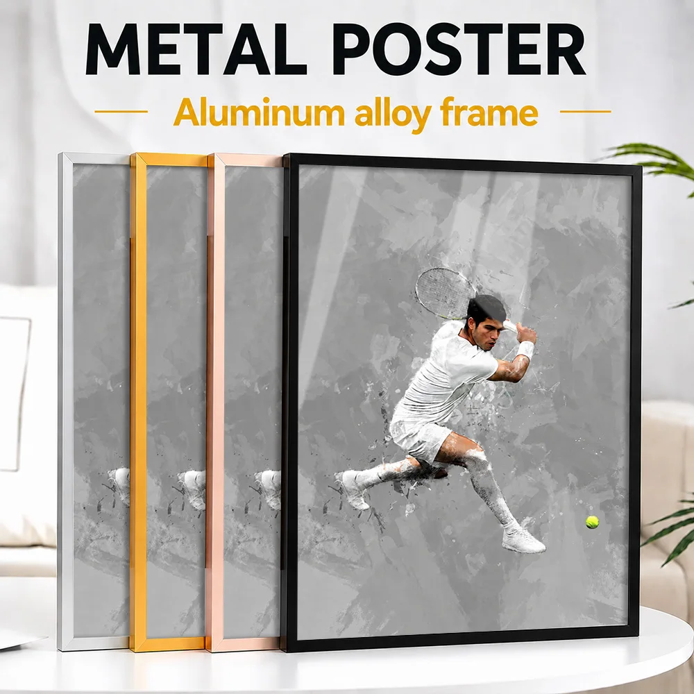 Carlos Alcaraz Tennis Action Framed Metal Print Customized Photo Energetic Motion Style Wall Art For Study Ideal Birthday Gift