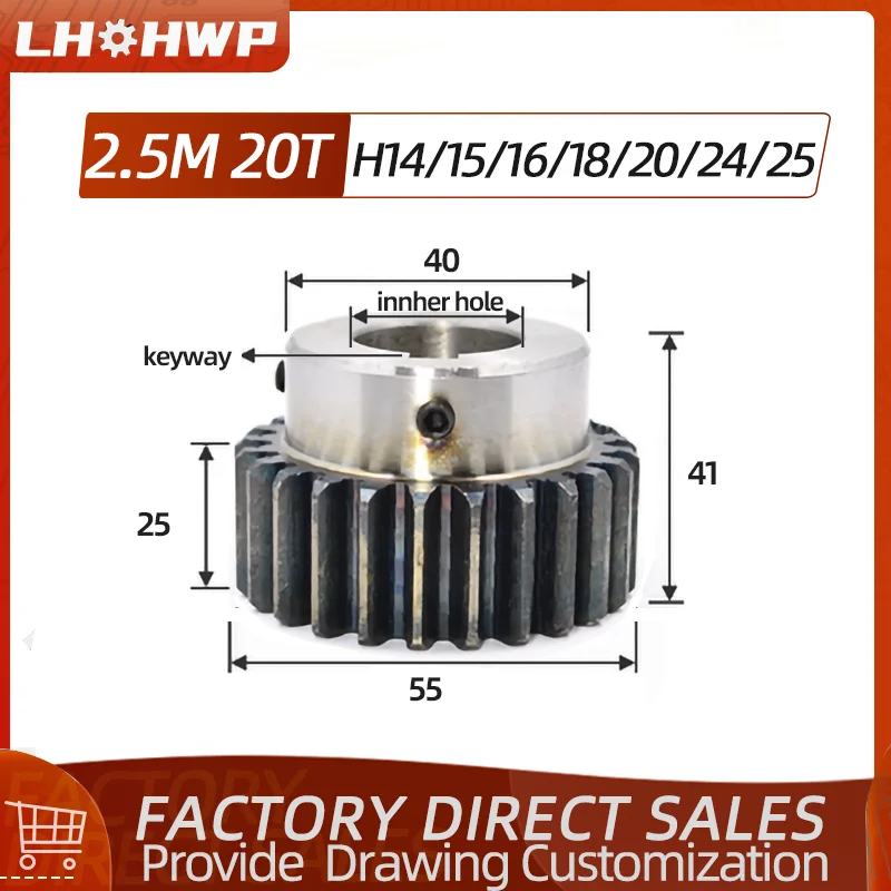 2.5 Module 20/22 Tooth 2.5M 20T/22T Hole 14/15/16/18/20/22/24/25/ With Keyway Precision Spur Gear 45# Steel Motor Boss Gear