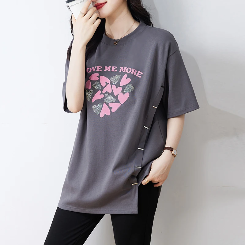 2023 Women's Grey Pure Cotton O-Neck Shirt Summer New Print Diamond Short Sleeve Top Loose Large Slim Long T-shirt