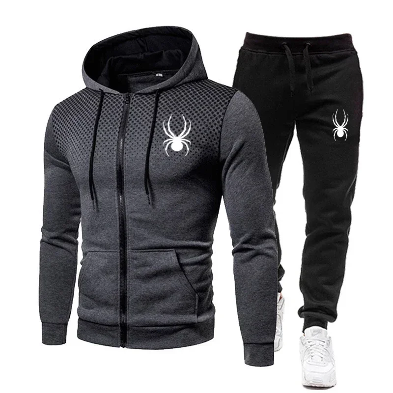 Winter Spider Print Zipper Long-Sleeved Hoodie + Stretch Waist Pants Two-Piece Men's Sports Jogging Fitness Suit