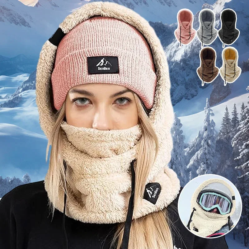 Sherpa Hood Ski Mask Winter Cap Mask Set Hooded Knitted Cashmere Neck Warm Ski Windproof Hat Thick Plush Fluffy Beanies Hood