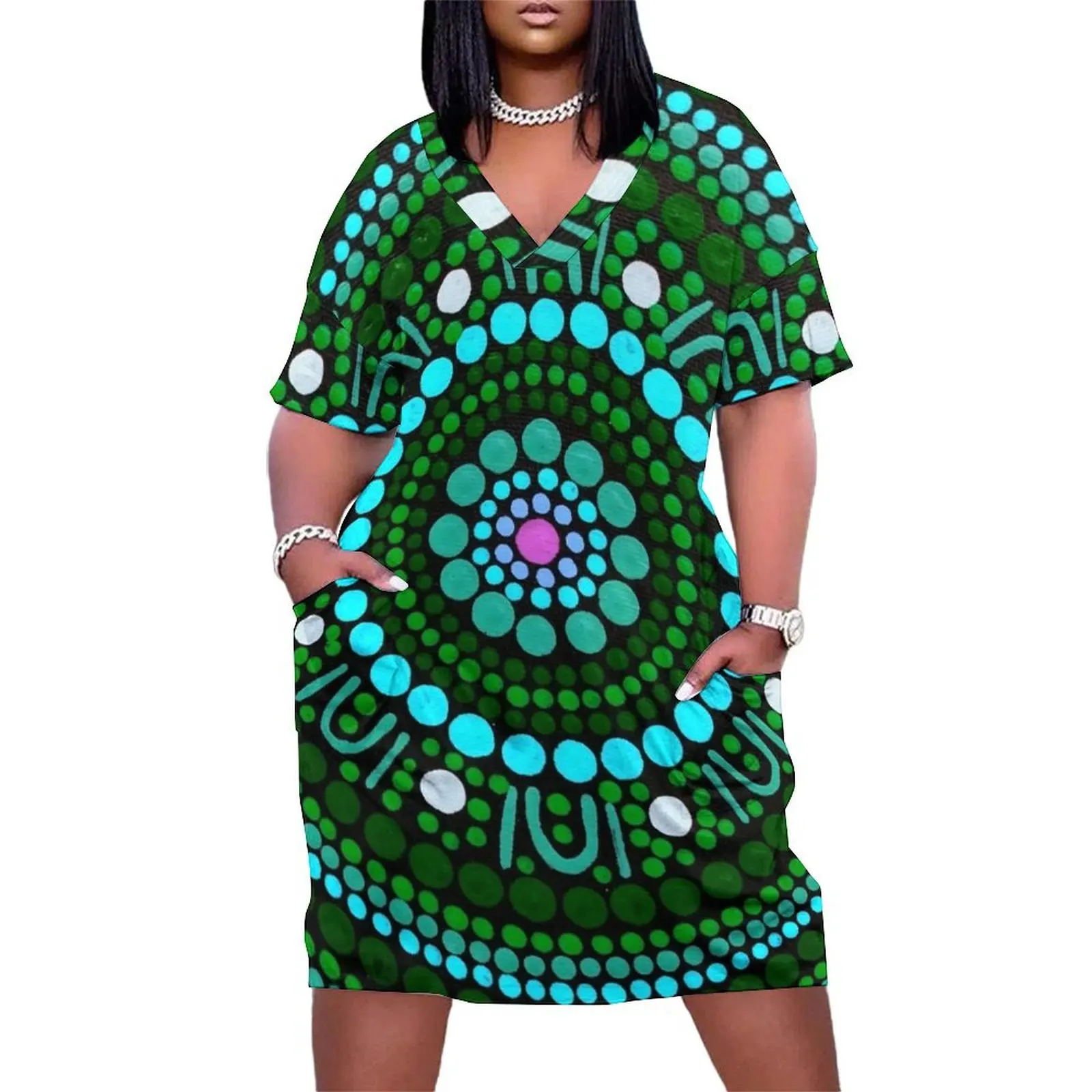 

Aboriginal Art Dot Painting Mandala Green Gathering Loose Pocket Dress dresses for womens 2025 beach outfits for women