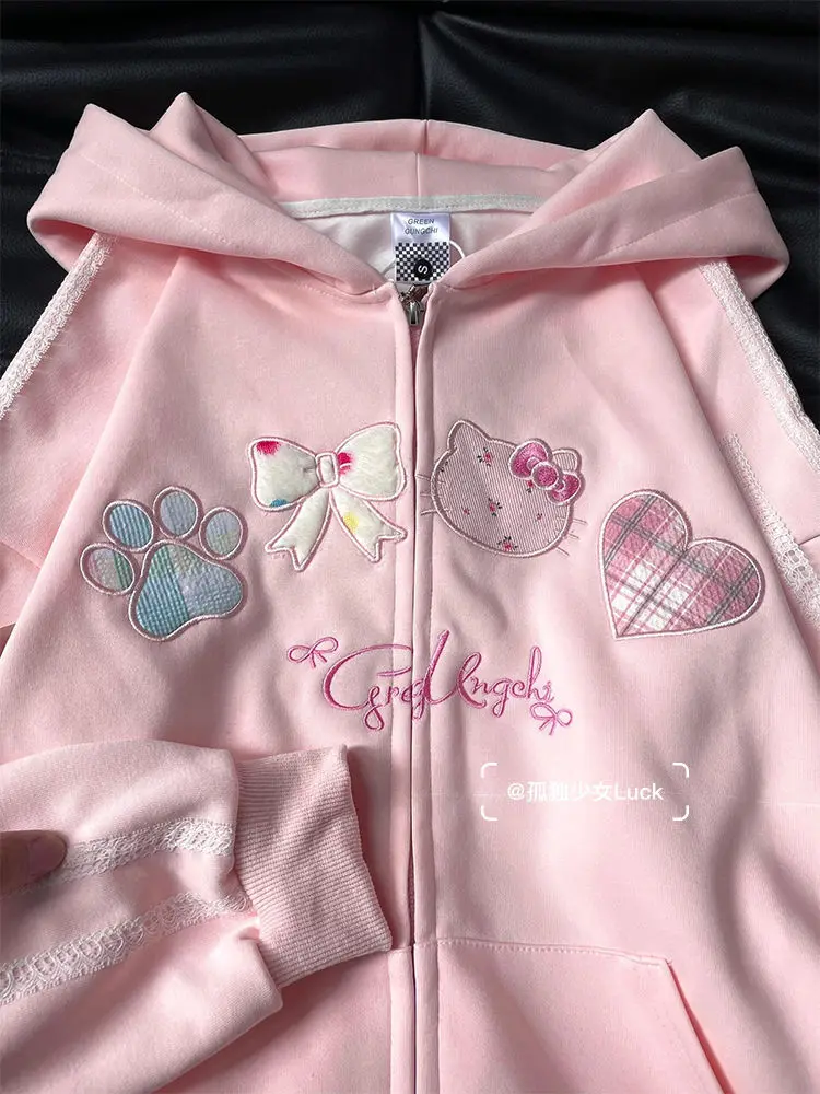 Sweet And Cute Hello Kitty Hooded Zipper Coat For Women Y2k Embroided Student Trendy Thick Jackets Clothes