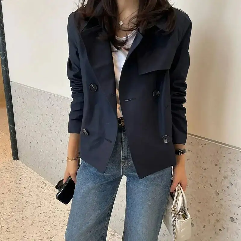 

Lucyever винтажный простой короткий плащ женская модная уличная одежда двубортные куртки женские однотонные свободные универсальные верхняя одежда