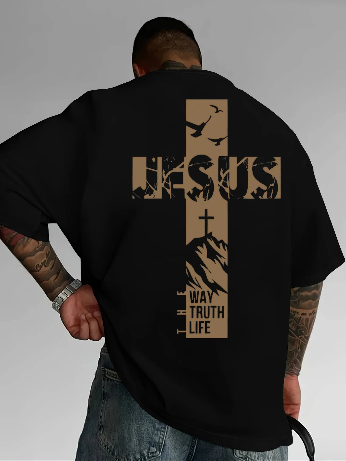 Cross Design with Birds Mountain and Text Tee 100% Cotton Mens T Shirt Summer Daily Wear Features A Striking Earthy Visual Style
