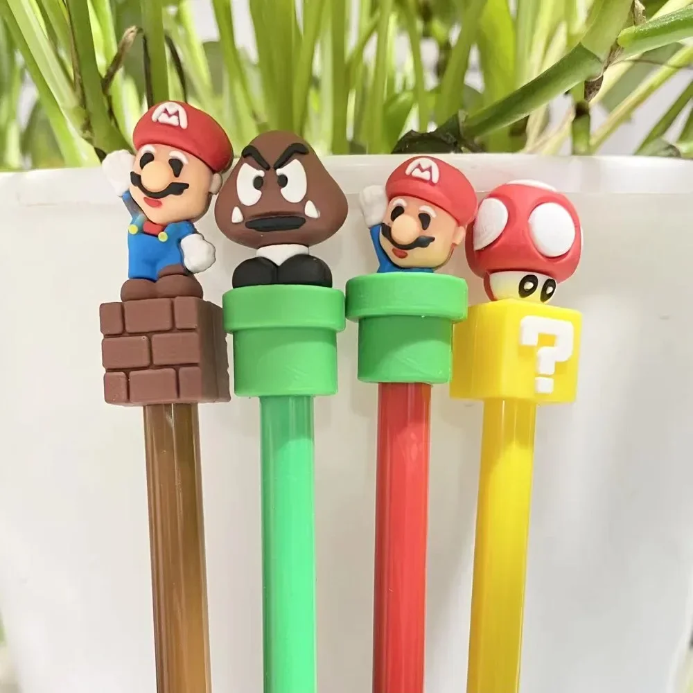 6/4 pçs super mario bros 0.5mm gel caneta preto anime figura brinquedo cogumelo dos desenhos animados sinal canetas estudante escola supplie