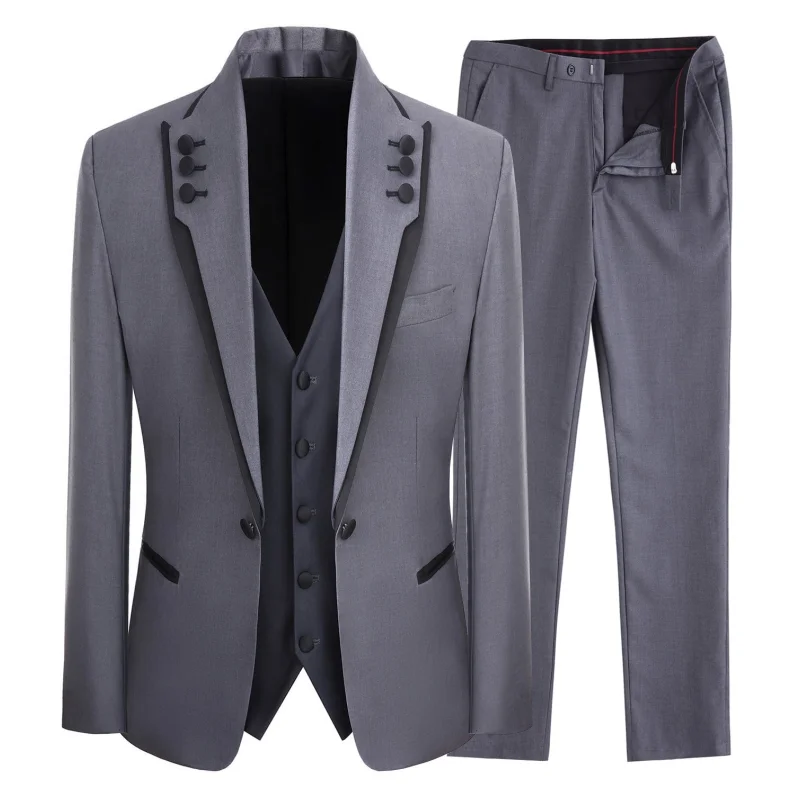 

Men Suit Gray 3 Piece Single Button With Black Ruffle For Wedding Groom Banquet Birthday Work Tuxedo Jacket Vest With Pants