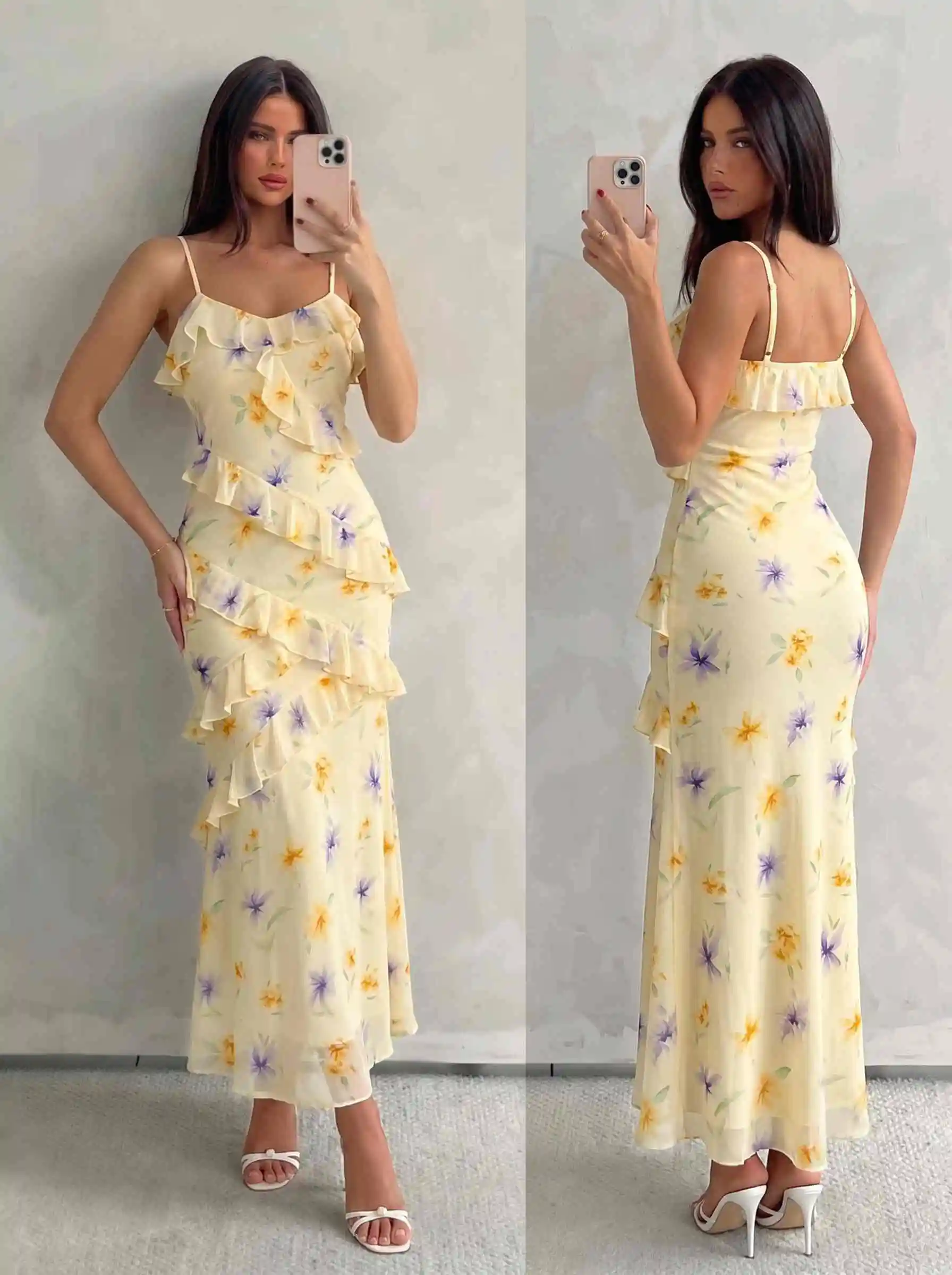 Damen Aquarell-Rosen-Print Cami-Kleid mit Rüschen, Chiffon-Midikleid, Spaghettiträger, fließendes Kleid für Urlaub, Strandparty, Ferien – Detail 22