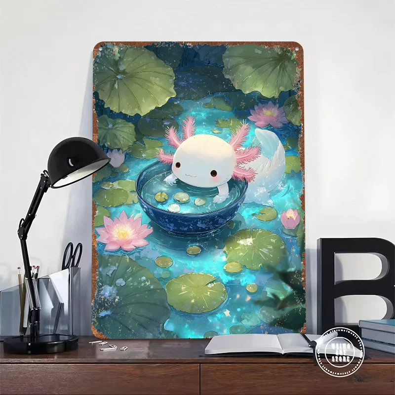 Axolotl in Lotus Pond Metal Poster Customized Wall Art Retro Vintage Tinplate Signs for Man Cave Bedroom Decoration Gaming House