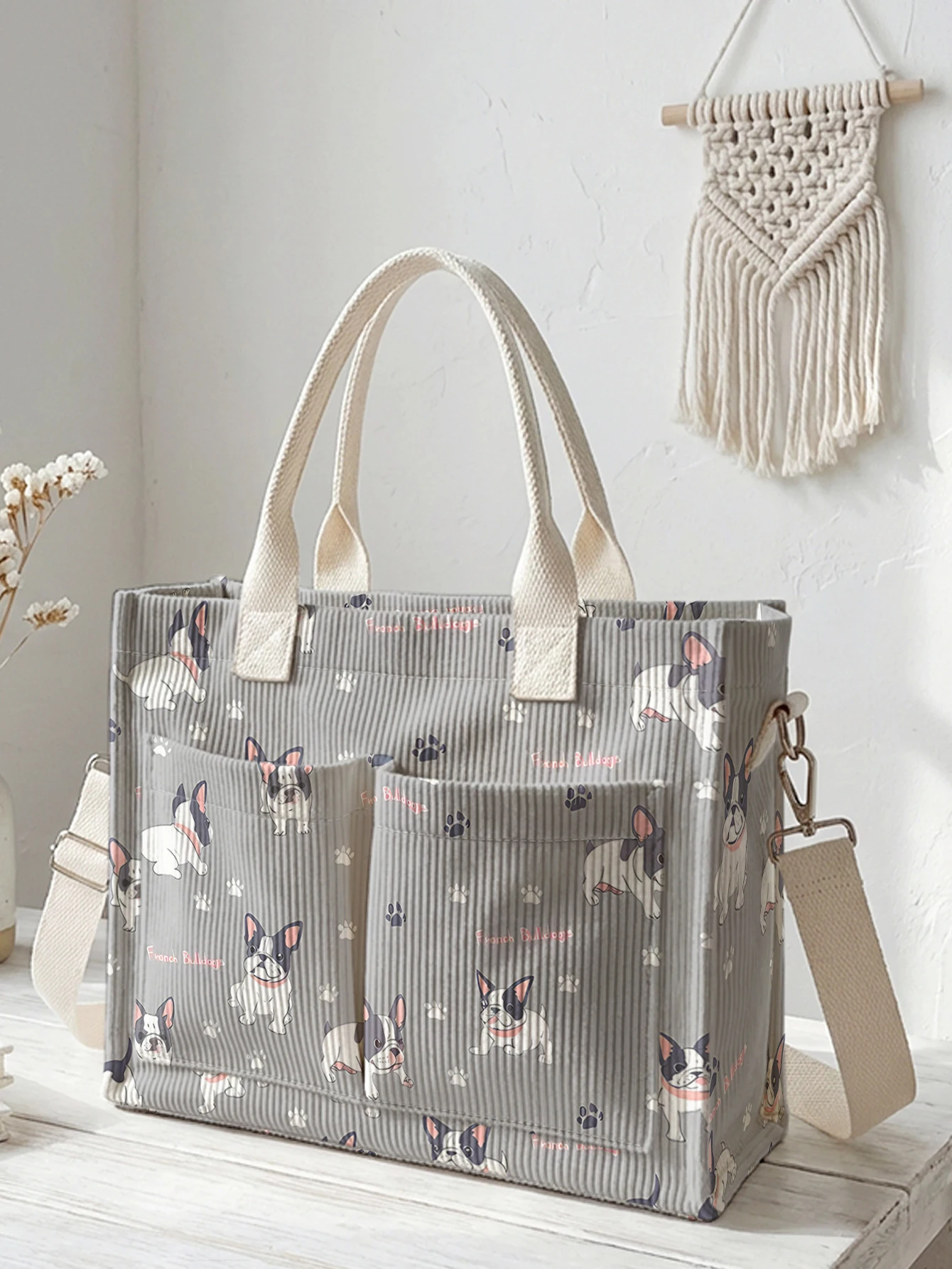 

Cute French Bulldog Print Corduroy Tote Bag Large Capacity Multi Pocket Dog Lover Commuter Shoulder Bag