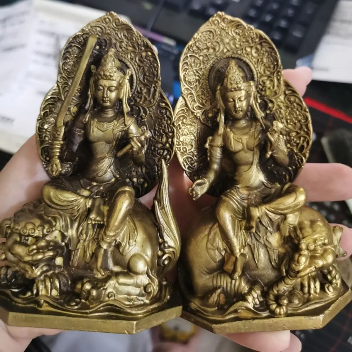 Bronze Copper A Pair of Sword Holding Green Tara and Manjushri Bodhisattva Statue Buddhist Decorative Sculpture Collection