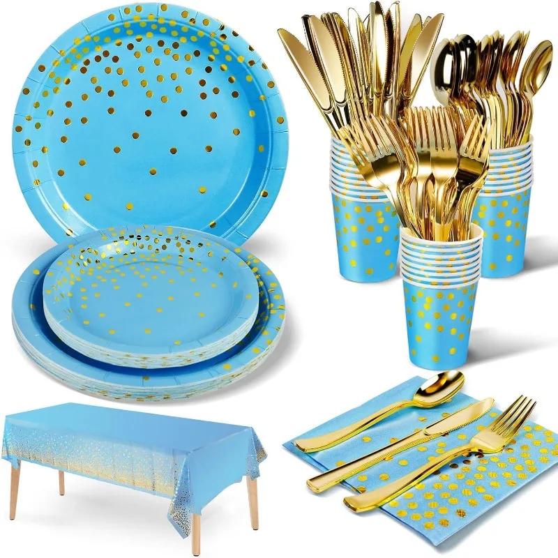 

141 Pieces Sky Blue Gold Party Supplies, Party Dinnerware Sets Include Paper Plates Napkins Cups Silverware, for Wedding Bridal