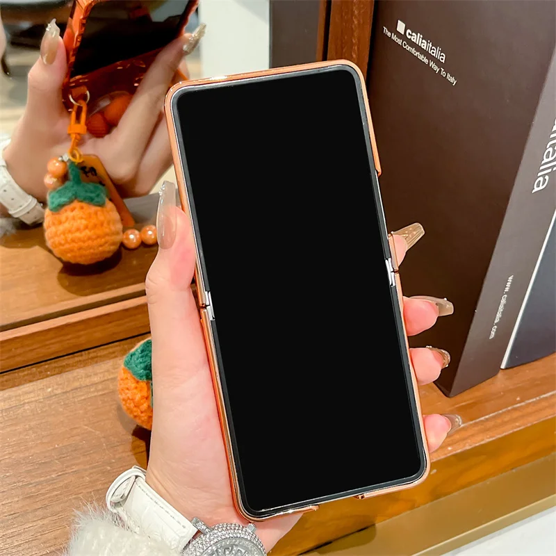 موضة البرتقال تصفيح التجاعيد ثلاثية الأبعاد زهرة قضية الهاتف لسامسونج غالاكسي Z فليب 7 6 5 4 3 ZFlip6 ZFlip7 غطاء مع سلسلة لطيف #4