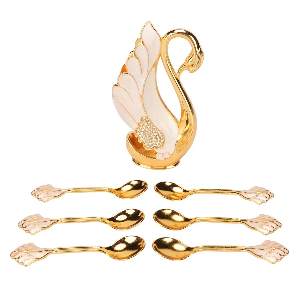 

7pcs Zinc Alloy Swan Base Holder Golden Mirror Finish Dessert Spoon Set 6 Teaspoons Coffee Spoon Set For Dessert Serving