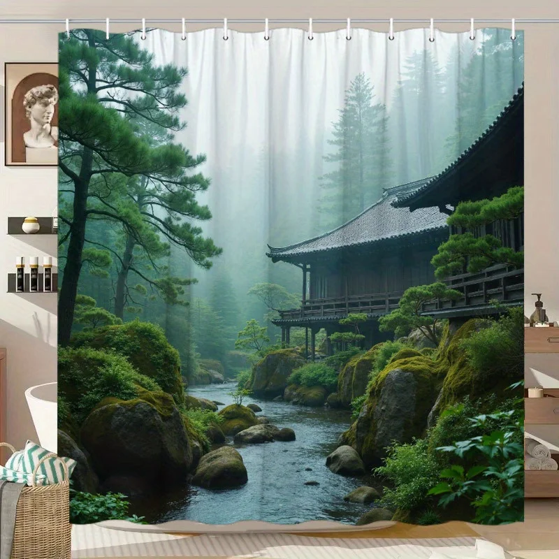 Japanese Temple Forest Waterfall Shower Curtain Waterproof Bathroom Decor Curtain for Zen Spa Bathroom
