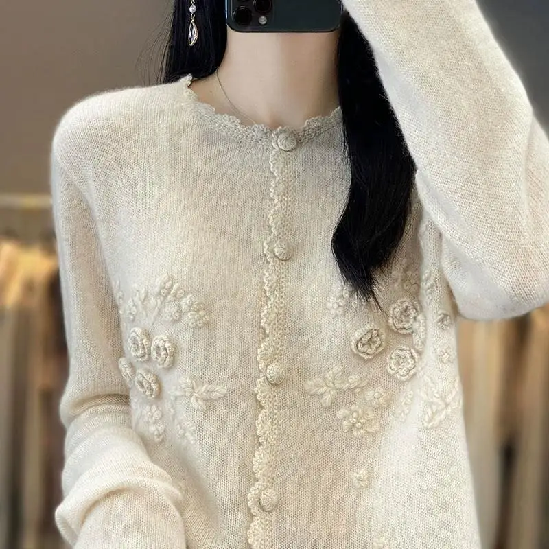 Spring Autumn Knitted Cardigans Cashmere Women Sweater Jackets Crochet 3D Floral O-neck New Arrival Knitwear Soft Wool Coat X257