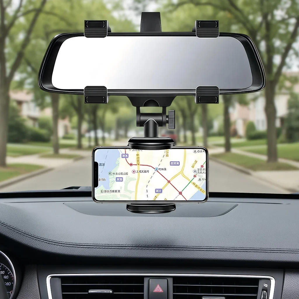 

Car Rearview Mirror Phone Holder - 360° Rotatable GPS Navigation Mount for Mobile Phone Stand Clip