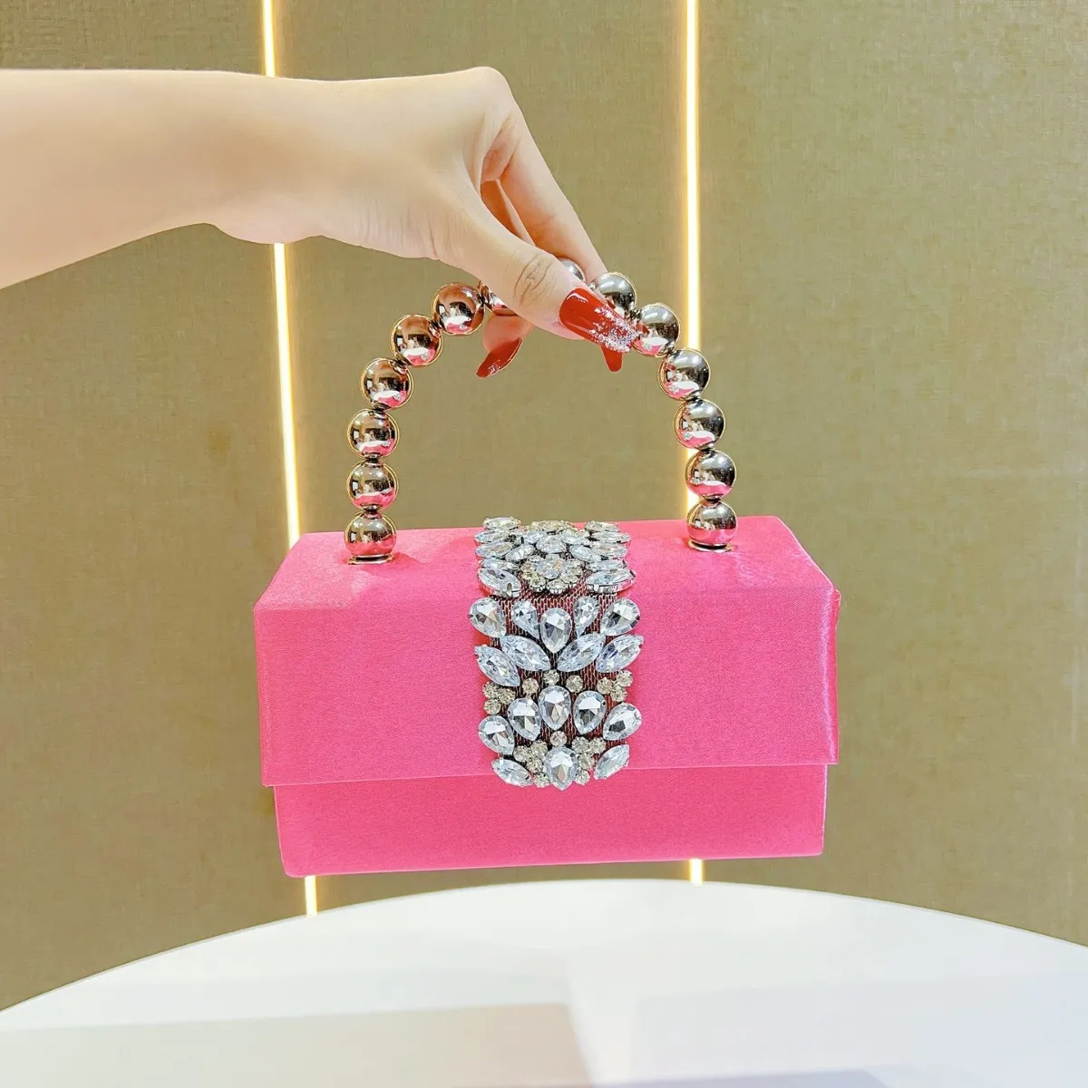 Sparkling Rhinestone Pearl Box Bag Women’s Satin Square Clutch Elegant Handheld Crossbody Purse Fashion Dolly Shoulder Handbag