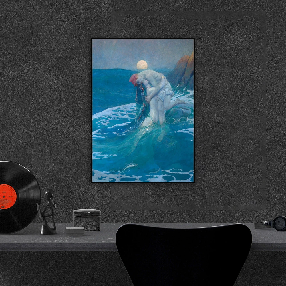 Blue Mermaid Print • Antique Mermaid Poster • Romantic Art Nouveau Hugs • Siren Mythical Creature Fantasy Wall Art