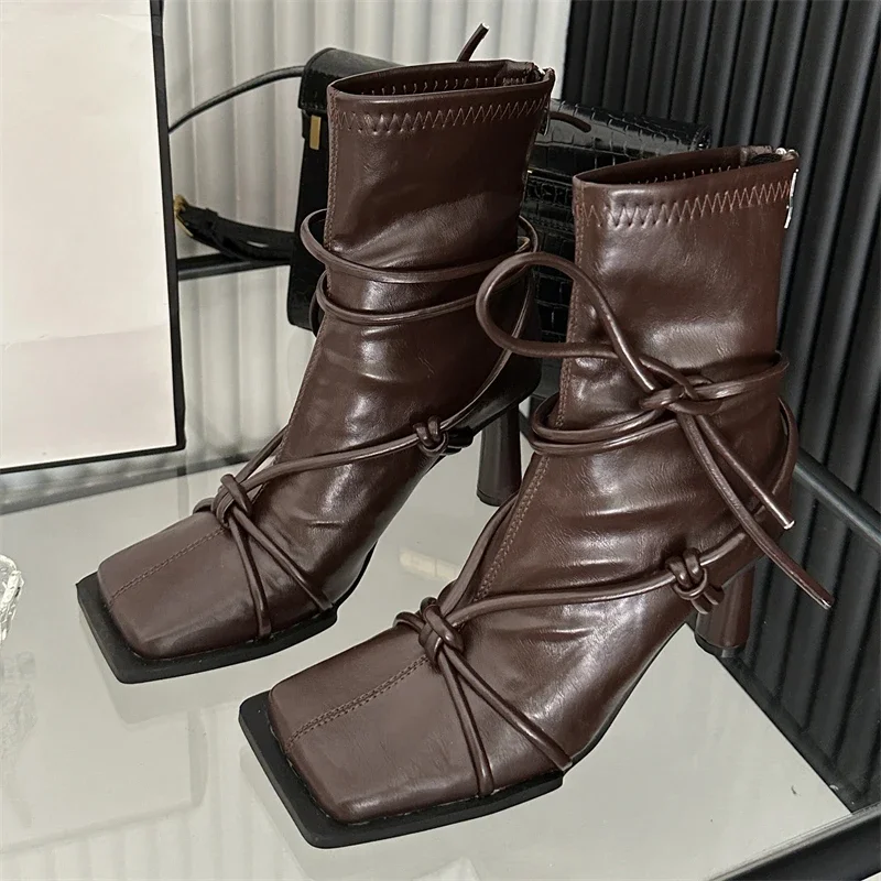 Eilyken Spring Autumn Design Cross- Strap Women Ankle Boots Punk Style Square Toe High Heels Zipper Booties Shoes