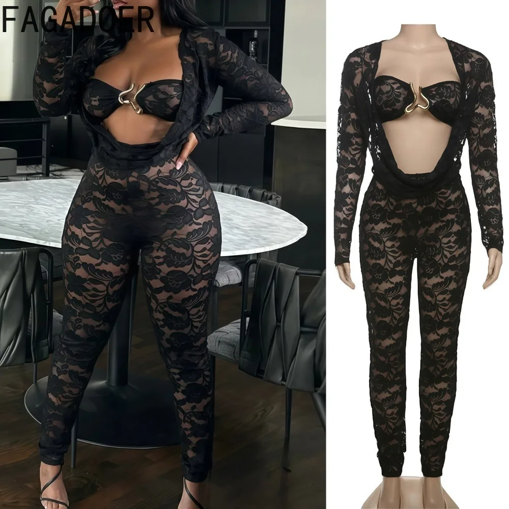 

FAGADOER Sexy Lace See Through Bodycon Jumpsuit Tube Metal Buckle Crop Top + Floral Pants Female Streetwear Overalls 2025 New