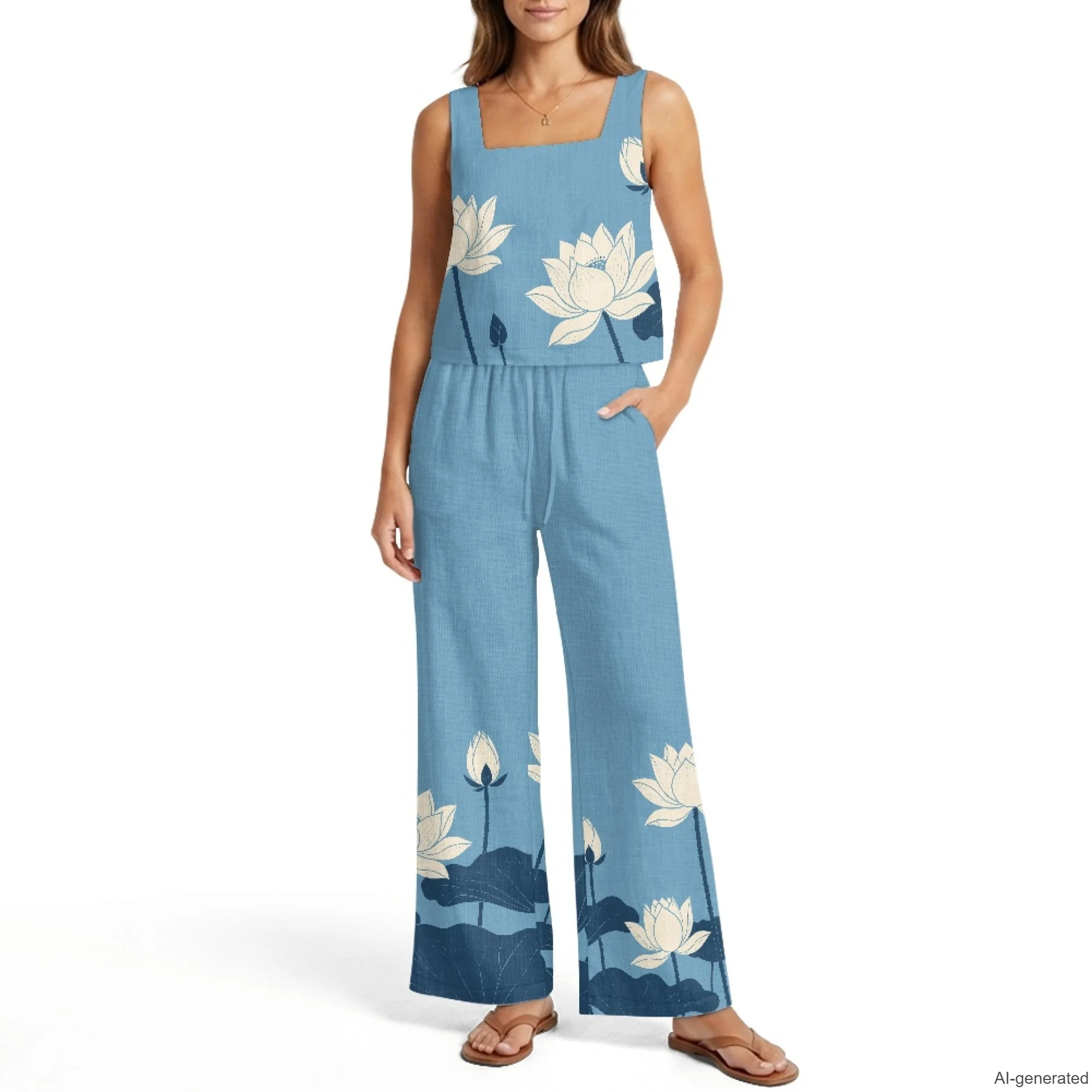 XIXIROMIDO Linen Woman Clothing Oversize Two-piece Tank Top and Wide Leg Trousers Set Casual Fashion Streetwear Ladies Outfit