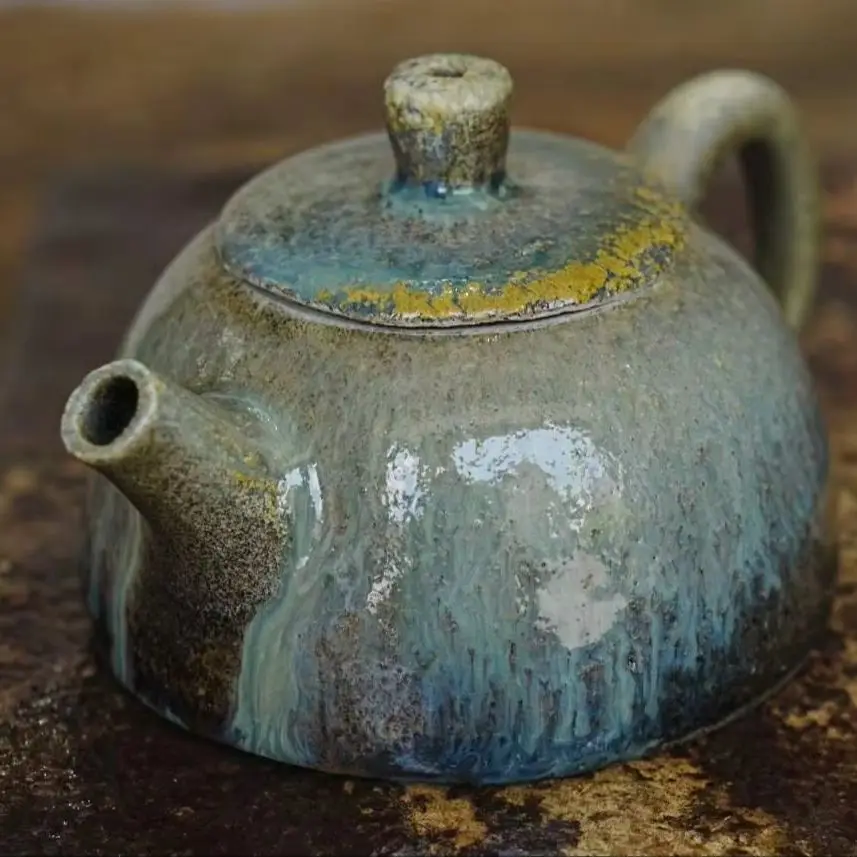 Handmade Jianshui Zitao Wood Fired Teapot, Unique Kiln Change Blue-Green Glaze, Pure Ancient Method, Gongfu Tea Maker, Collectib