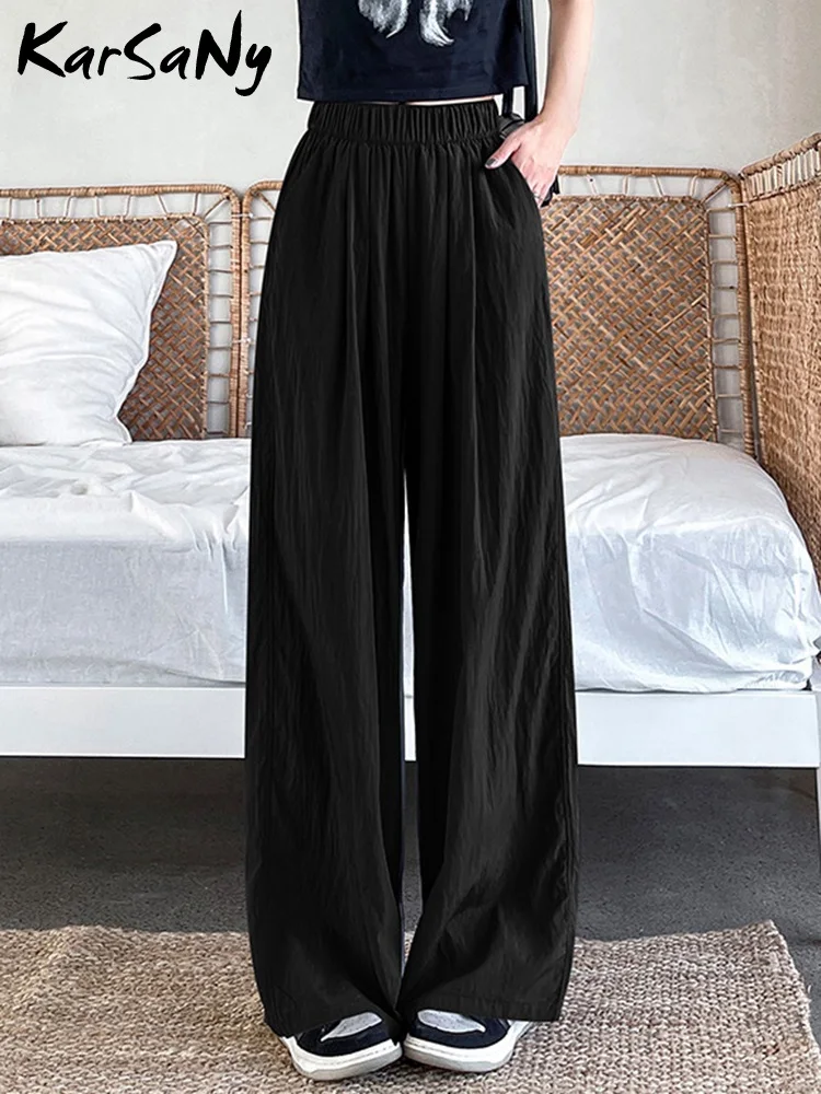 KarSaNy Summer Women Pants Wide Leg Trousers High Waist Ice Slik Pant Elastic Waist Loose Straight Baggy Pants Woman Summer