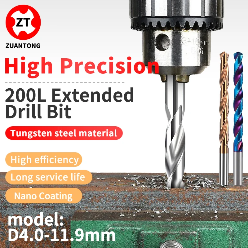 

ZUANTONG 1PCS Carbide Drill Bits Hard Metal Drill Tungsten Steel Twist Bit CNC Drilling Tool 200mm-Long D4.0-11.9mm