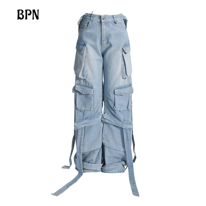 

BPN Loose Patchwork Pockets Streetwear Denim Pants For Women High Waist Spliced Button Hollow Out Casual Jeans Female Style New