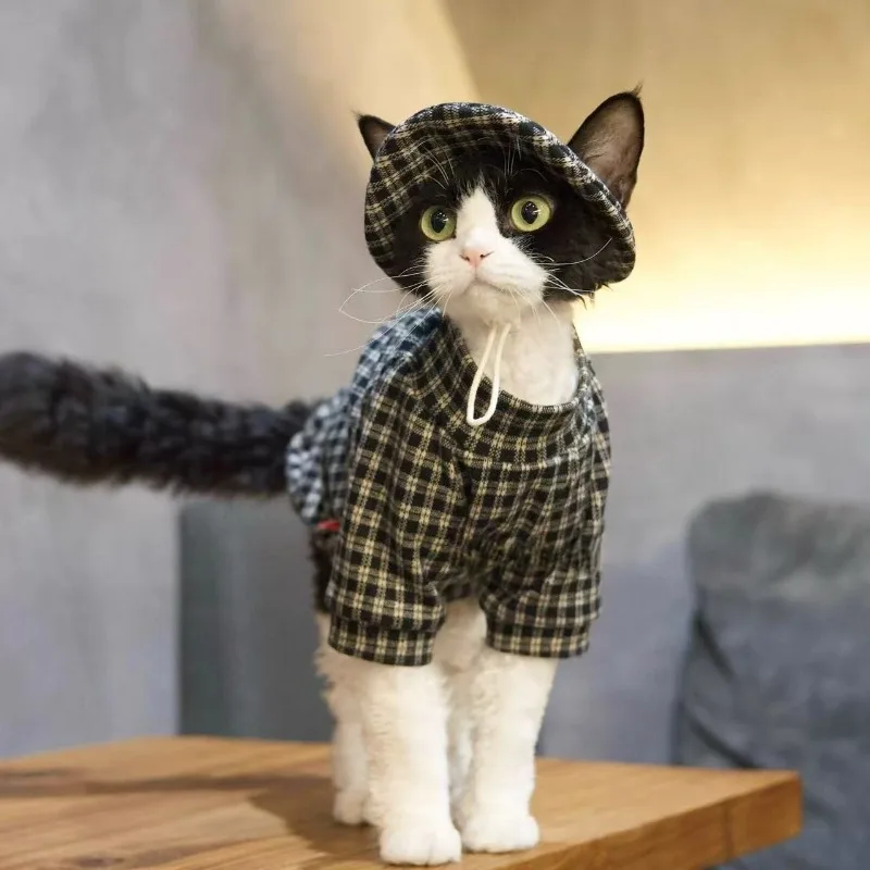 British Style Plaid Hoodie for Hairless Cats, Fleece Two-Piece Set with Bucket Hat for Sphynx Devon Rex Siamese Abyssinian