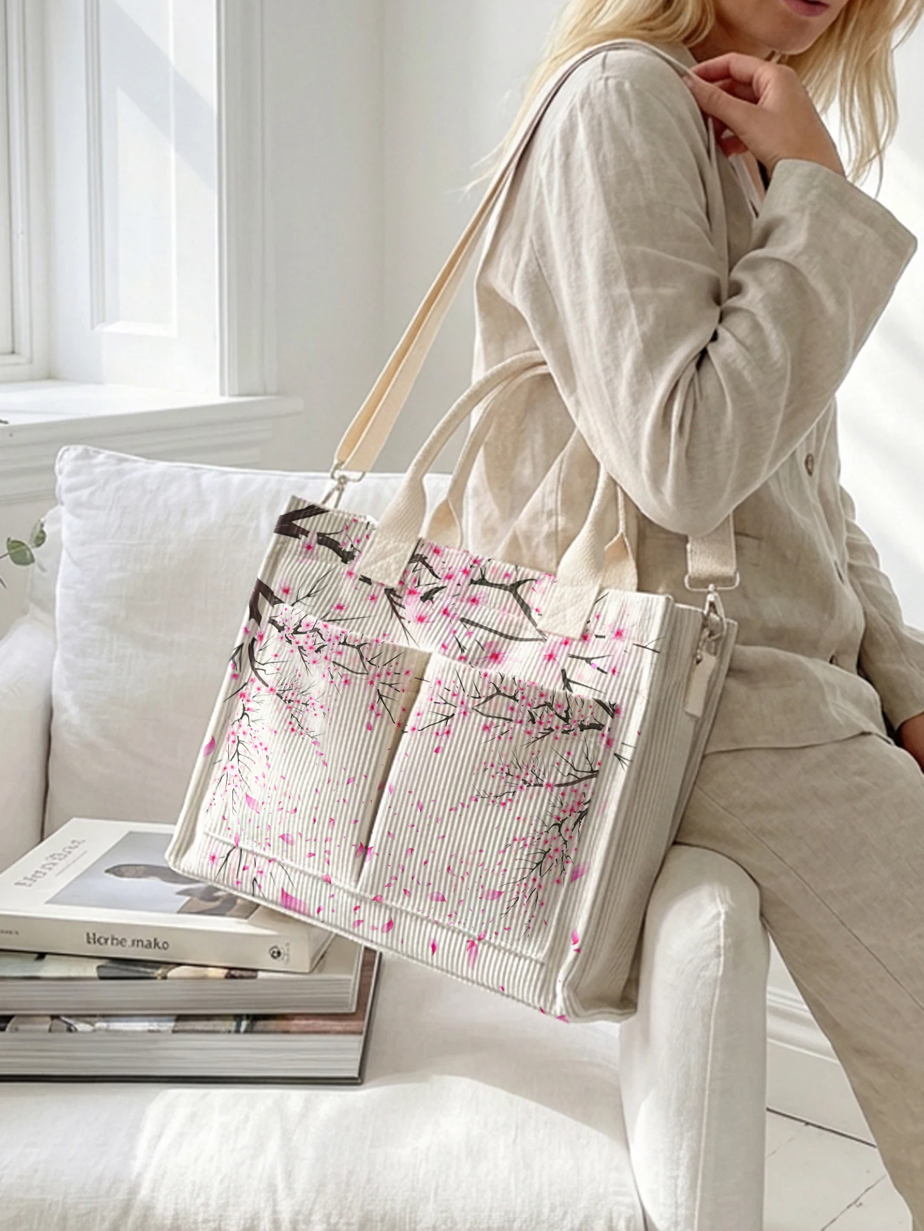Watercolor Cherry Blossom Print Corduroy Tote Bag Large Capacity Multi Pocket Spring Lover Commuter Shoulder Bag