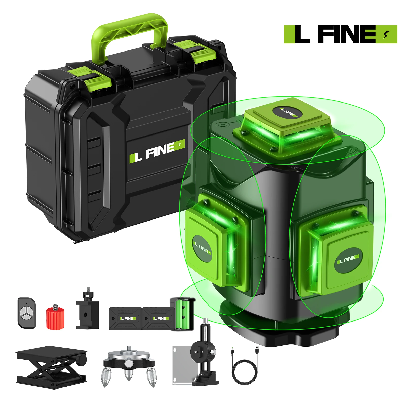 LFINE Nivel Laser 4D 16 Lines 360 Self-Leveling Professional Laser Level with Suitcase Horizontal And Vertical Green Line