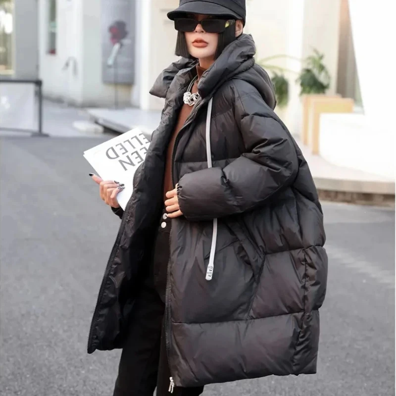 2026 Mid-length Puffer Coat Casual Winter Women Loose Thick White Duck Down Jacket Female Solid Windproof Hooded Parkas
