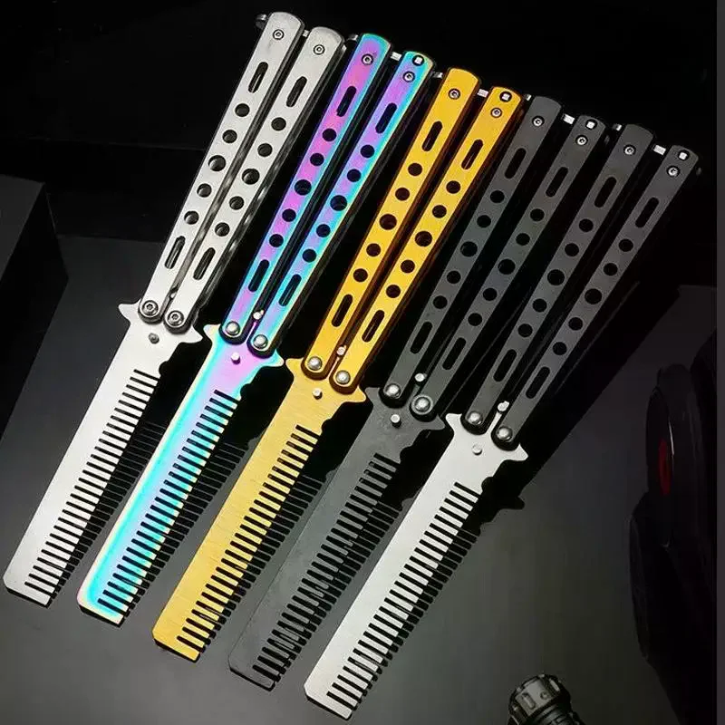 1Pcs Stainless Steel Practice Butterfly Knife Comb Beard Moustache Brush Salon Hairdressing Styling Foldable No Rust