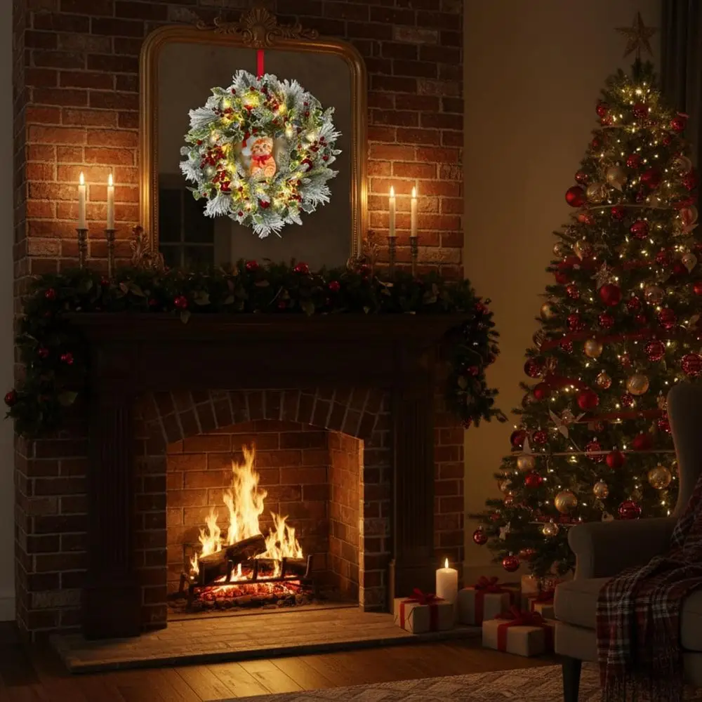 24 إكليل عيد الميلاد المضيء مع الأرز المتدفق والصنوبر والأحمر ولمسات ومؤقت للباب أو الحائط أو رف