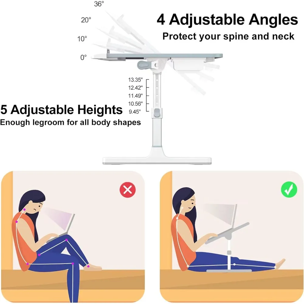 Bed Desk, Adjustable Laptop Lap Desk with Drawer, X-Large Foldable Laptop Bed Table Tray for Bed Couch Floor Desk Writing